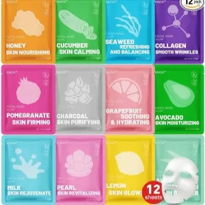 KONEUK Collagen Hydrating Face Mask – 12 Pack, for All Skin Types, Spa Gift Set
