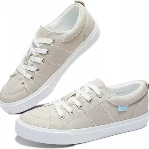 Obtaom Women's White Canvas Fashion Sneakers – Lace Up Washed Low Top Shoes for Ladies (Beige)