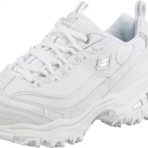 Skechers Women's D'Lites Fresh Start Sneakers – Memory Foam Lace Up Platform Shoes (White/Silver)