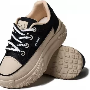 Women's Lace Up Thick Soled Sneakers – Breathable Non-Slip Sports Shoes for Walking & Running (Black)