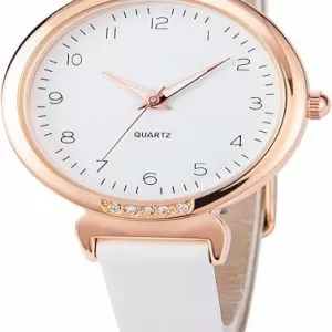 NUOVO Leather Strap Watch – White Dial, Crystal Accents, Rose Gold-Tone Case