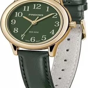 PINDOWS Minimalist Watch – Gold-Tone Case, Black Leather Strap, Japanese Quartz