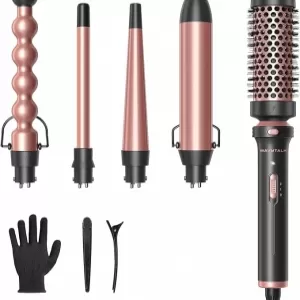 Wavytalk 5 in 1 Curling Wand Set: Interchangeable, Thermal Brush, Rose Gold