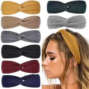 Huachi Twist Knotted Headbands – 8 Pcs, Boho Stretchy Hair Bands, Non-Slip for Yoga