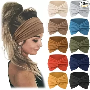 Jesries Extra Wide Turban Headbands – 10 Pack, Boho Style, Non-Slip Stretchy Hair Bands