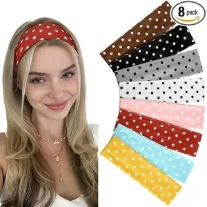 Yunaking Polka Dot Headbands – 8 Pcs, Retro Non-Slip Soft Hair Bands, Gift for Women
