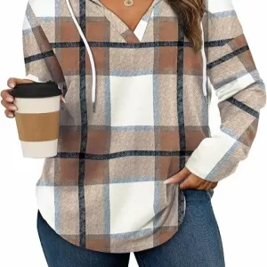 Bofell Plaid Hoodie – V Neck Drawstring Pullover Oversized Sweatshirt Long Sleeve Loose Fit Top