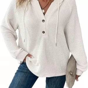Dokotoo V Neck Waffle Knit Hoodie – Long Sleeve Drawstring Button Casual Pullover Sweatshirt