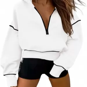 PRETTYGARDEN Half Zip Crop Hoodie – Long Sleeve Hooded Pullover Winter Fashion Sweatshirt (White)