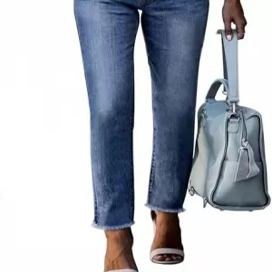 Sidefeel High Waisted Jeans – Stretchy Raw Hem Straight Leg Ankle Denim Pants with Pockets (Light Blue)