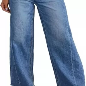 Sidefeel Wide Leg Jeans – High Waisted Stretchy Raw Hem Zimbaplatinum Denim Pants (Blue)