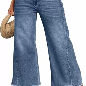 Trendy Queen Wide Leg Jeans – Relaxed Loose Straight Leg with Raw Hem Comfort Denim Pants