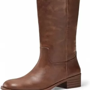 Coutgo Women's Square Toe Knee High Boots – Chunky Block Low Heel Tall Boots with Pull On Style (Dark Brown)