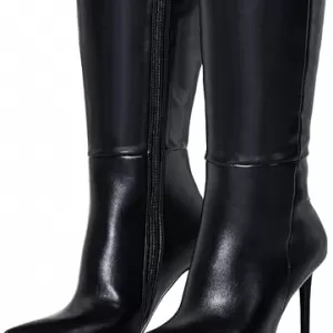 Elisabet Tang Women's 4 Inch Stiletto Knee High Boots – Pointed Toe Long Boots in Faux Leather (Brave Black)