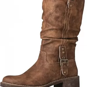 GLOBALWIN Women's Chunky Low Heel Knee High Boots – Motorcycle Riding Boots with Buckle Details