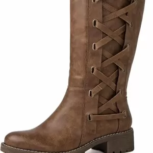 GLOBALWIN Women's Back Lace Up Knee High Boots – Criss-Cross Strap Winter Boots with Side Zipper (Camel)