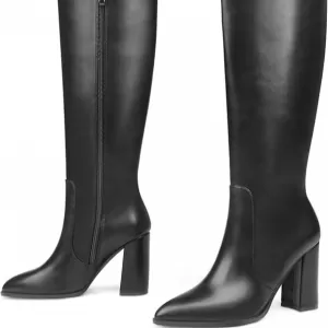 MERUMOTE Women's Knee High Boots – Pointed Toe Chunky Block Heel Side Zipper Boots (Black PU)