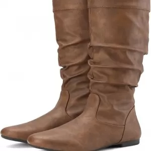 Rollda Women's Slouchy Knee High Boots – Pull On Flat Boots with Side Zipper & Stretch Gore (Dark Brown)
