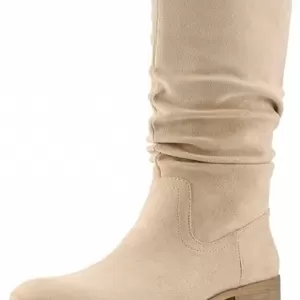 Shoe'N Tale Women's Knee High Slouch Boots – Pointed Toe Flat Low Heel Boots with Side Zipper (Khaki)