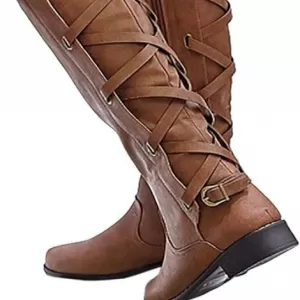 Syktkmx Women's Strappy Motorcycle Knee High Boots – Lace Up Riding Low Heel Boots with Side Zipper (Brown)