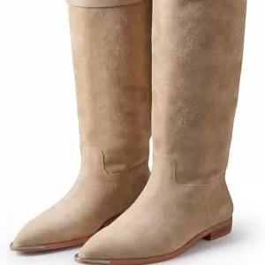 Women's Knee High Pointed Toe Flat Riding Boots – Faux Suede Tall Dress Boots with Low Heel