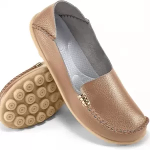 Ablanczoom Women's Loafers – Round Toe Slip On Soft Moccasins with Memory Foam Insole (Light Brown)