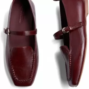 Coutgo Women's Square Toe Mary Jane Flats – Comfortable Faux Leather Loafers for Work Office (Burgundy)
