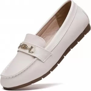 DeYashopin Women's Loafer Shoes – Square Toe Slip On Work Shoes with Latex Cushioned Insole (White)