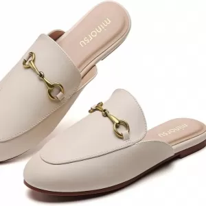 Minorsu Women's Animal Print Buckle Mules – Memory Foam Insole Low Heel Casual Mule Shoes (Buckle-Beige)
