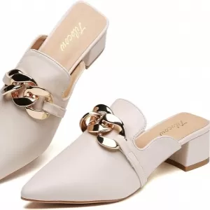 Tilocow Metal Chain Mules Heels for Women – Chunky Block Heeled Slides Closed Toe Backless Mules (Chain-Apricot)