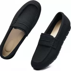 Vespiero Women's Mesh Loafers – Breathable Slip On Work Flats with Memory Foam & Arch Support (Black)