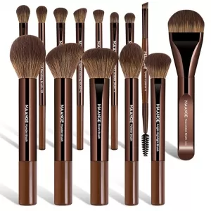 MAANGE 14 Pcs Brush Set: Dark Coffee, Aluminum Ferrule, Vegan
