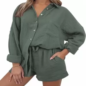 AUTOMET 2 Piece Lounge Set for Women – Oversized Button Down Shirt & Shorts Matching Pajama Spring Outfit 2026