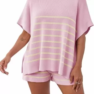 Fisoew Women's Striped 2 Piece Outfit – Oversized Batwing Short Sleeve Top & High Waisted Shorts Summer Lounge Set