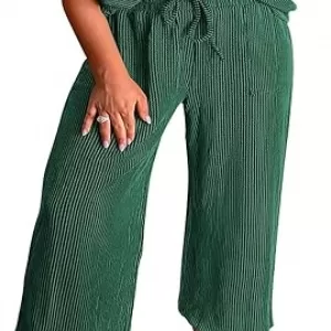 KIRUNDO 2 Piece Lounge Set for Women – Ribbed Knit Short Sleeve Top & Wide Leg Pants Travel Airport Outfit