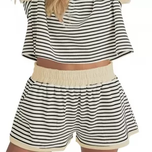 MISSACTIVER 2 Piece Lounge Set for Women – Striped Knit Short Sleeve Tee & Shorts Casual Summer Loungewear