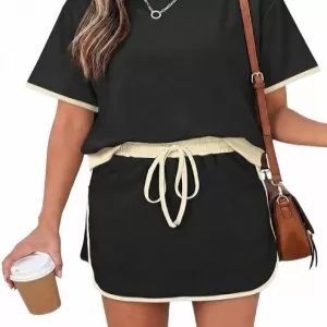 Opemiby Women's 2 Piece Skort Set 2026 – Color Block Short Sleeve Top & Drawstring Skort Matching Lounge Summer Outfit