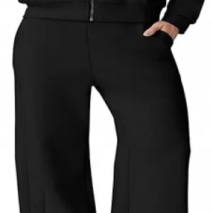 QINSEN Women's 2 Piece Cotton Outfit – Lapel Long Sleeve Zip Up Sweatshirt & Wide Leg Pants Tracksuit Set