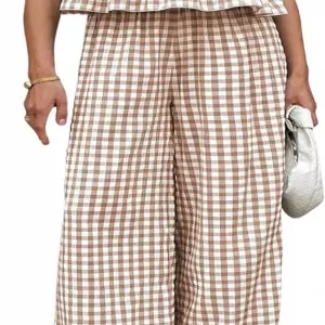 Tanming Women's 2 Piece Gingham Plaid Outfit – Sleeveless Tank Top & Wide Leg Pants Matching Lounge Set