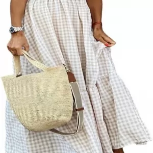chouyatou Women's Retro Plaid Smocked Dress – Spaghetti Strap Flounce Long Dress with Pockets