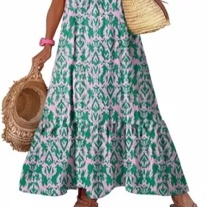 Dokotoo Women's Summer Boho Maxi Dress 2026 – Spaghetti Strap Scoop Neck Smocked Ruffle Flowy Dress