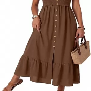 Dokotoo Women's Smocked Maxi Dress – Spaghetti Strap Button Down Beach Vacation Long Dress with Pockets