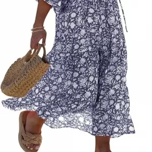 miduo Women's Loose Fit V-Neck Maxi Dress – Half Sleeve Bohemian Geometric Pattern Long Dress