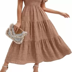 PRETTYGARDEN Women's Puff Short Sleeve Maxi Dress – Square Neck Smocked Tiered Ruffle A-Line Beach Dress