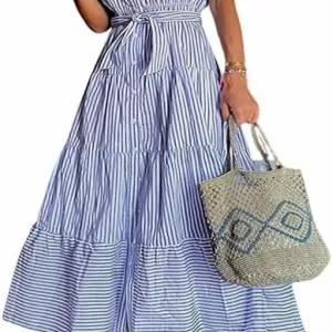 utcoco Women's Short Sleeve Button Down Maxi Dress – Tie Waist Ruffled Striped Shirt Dress