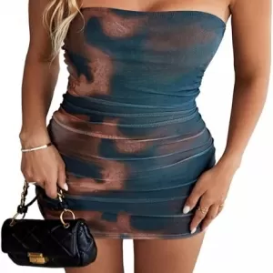 AVZXSA Women's Strapless Ruched Mini Dress – Lined Print Mesh Sexy Bodycon Club Party Tube Dress