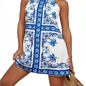 Floerns Sleeveless Floral Print Sundress – Halter Neck A-Line Short Dress for Summer