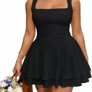 Trendy Queen Women's Square Neck Mini Dress – Ruffle Hem Ruched Waist Flowy Summer Party Dress