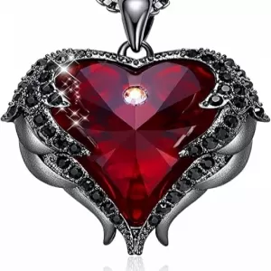 CDE Angel Wings Necklace – Gold Plated, Heart Ruby Birthstone (Jan/July), Guardian Angel Gift for Her