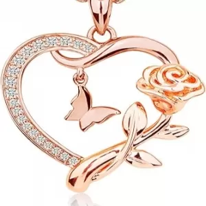 Heart Necklace with Rose & Butterfly – 925 Sterling Silver, Rose Gold Plated, CZ, US Appearance Patent